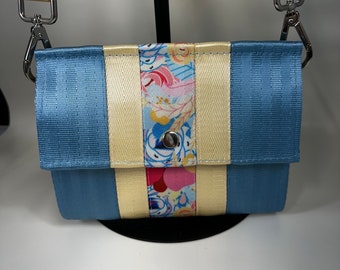 Foldover Crossbody Seatbelt Clutch from FiberTime in Steel Blue, Vanilla and Printed Floral!