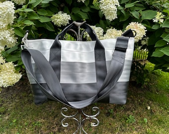 Large Overnighter Seat Belt Bag in White/Silver/Black