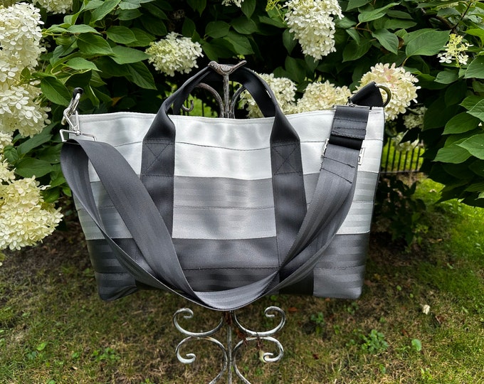 Large Overnighter Seat Belt Bag in White/Silver/Black
