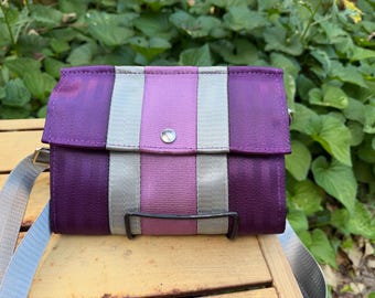 Aubergine, Silver and Lilac Foldover Crossbody Seatbelt Clutch from FiberTime