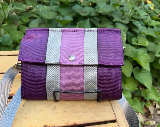 Aubergine, Silver and Lilac Foldover Crossbody Seatbelt Clutch from FiberTime