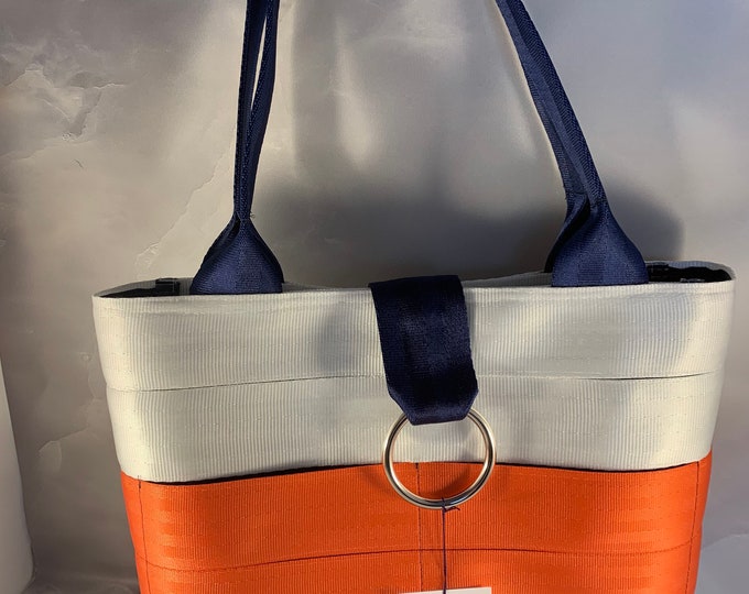 White, Orange and Navy Seat Belt Bag/Tote