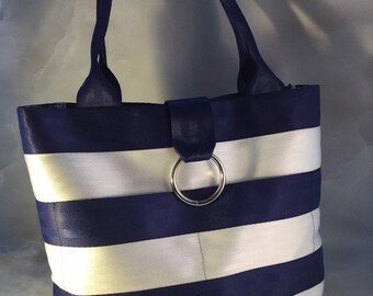 Handmade Medium Blue And White Stripe Seat Belt Bag/Tote