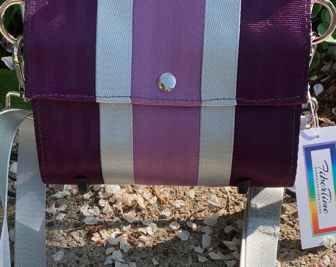 Aubergine, Silver and Lilac Foldover Crossbody Seatbelt Clutch from FiberTime