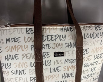 Inspired Script Large Top Zip Handmade Tote Bag