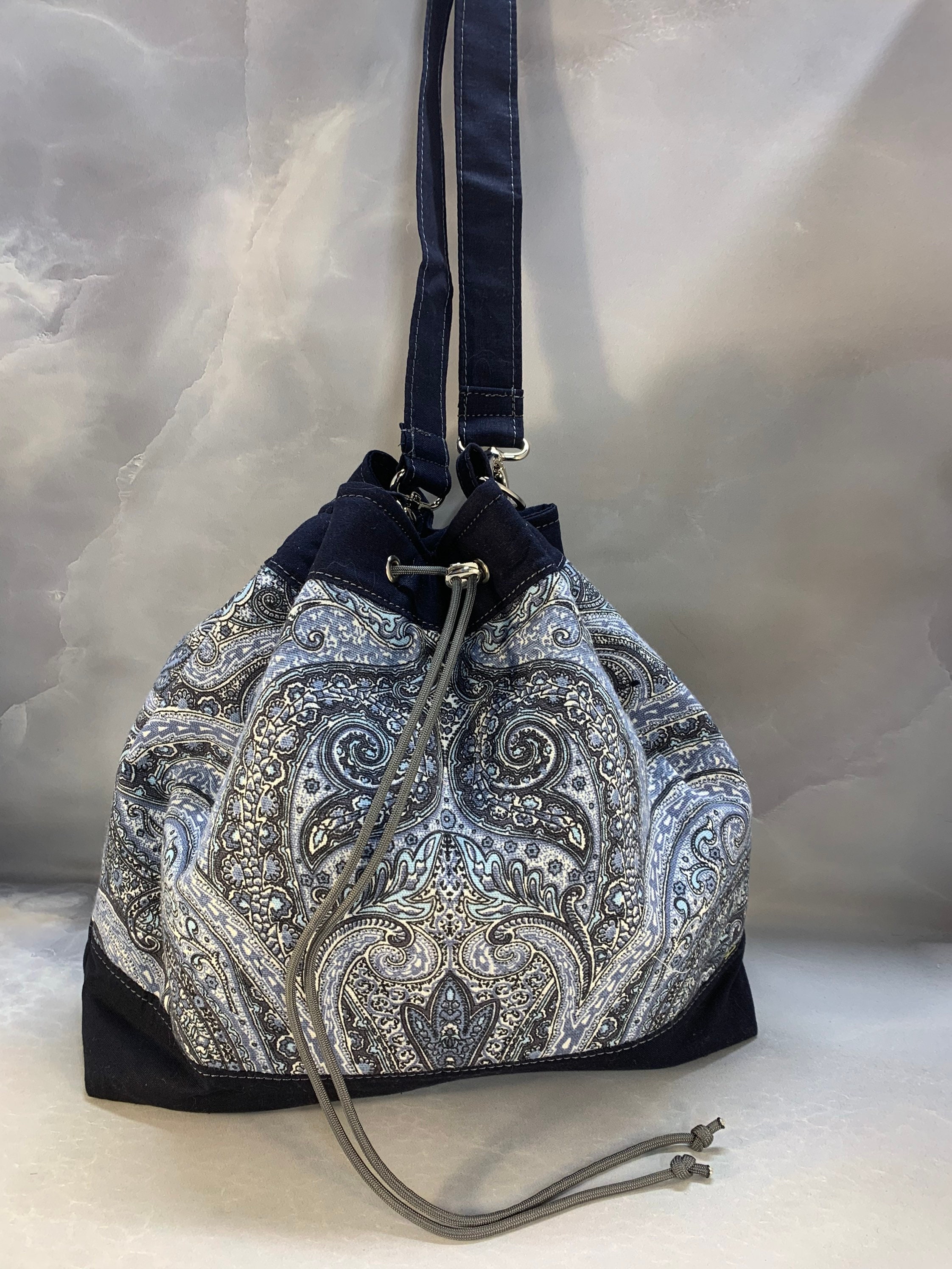 Blue Paisley Drawstring Bucket Bag