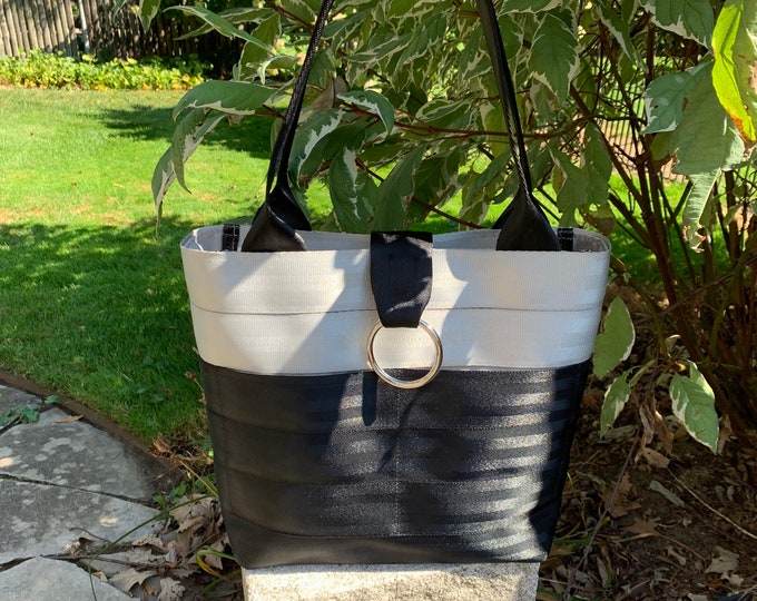 Handcrafted Silver And Black 2 Block Seat Belt Bag/Tote