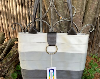 White/Silver/Black Seat Belt Market Tote Handbag
