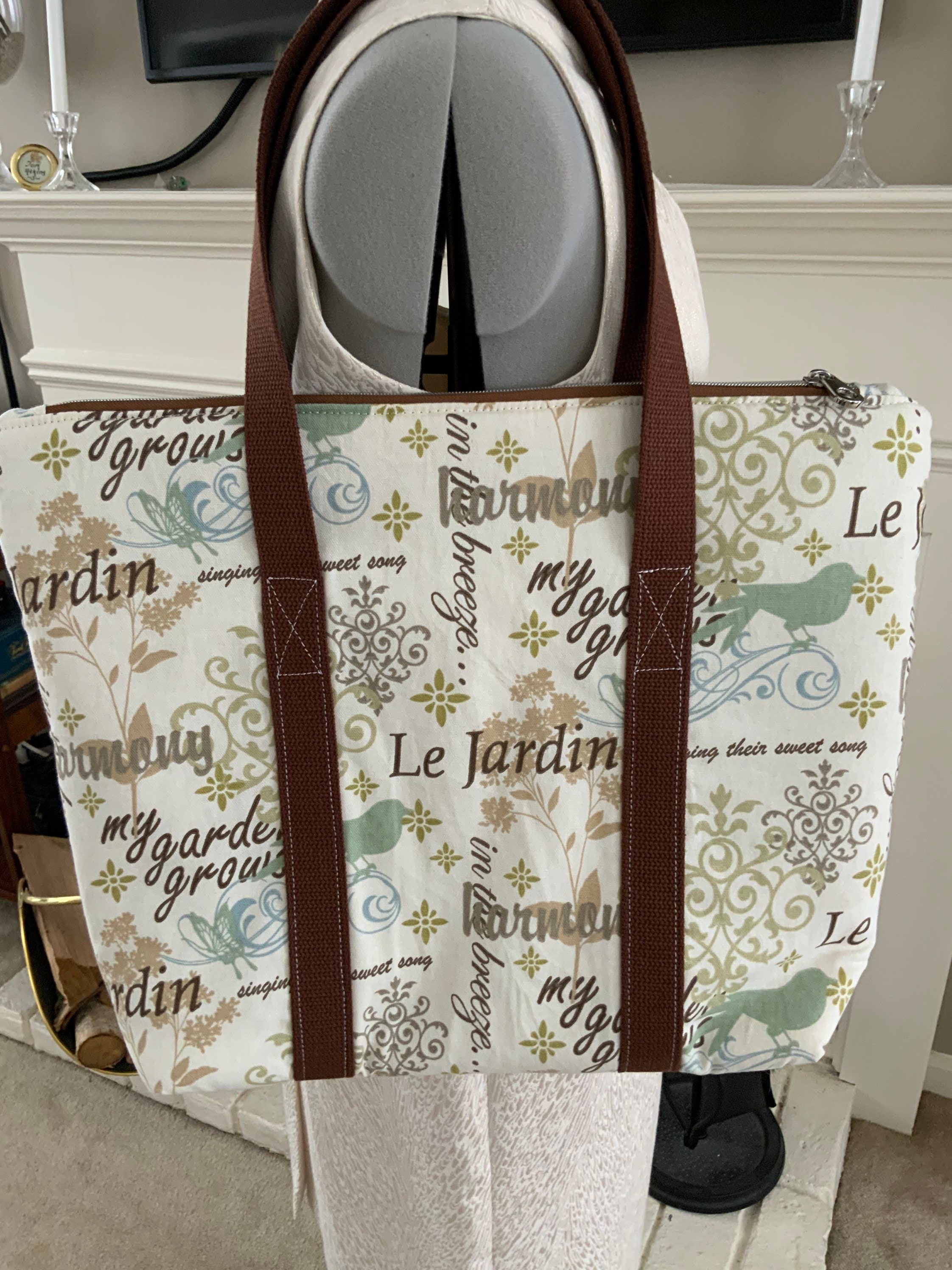 Neutral French Garden Large Top Zip Handmade Tote Bag
