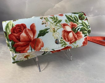Handmade Coral Roses and White Daisies Clutch/Wallet With Wrist Strap