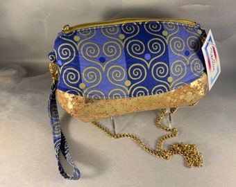 Blue and Gold Crossbody Wristlet Pouch