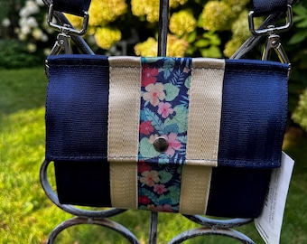 Navy Light Gold and Blue Floral Foldover Crossbody Seatbelt Clutch
