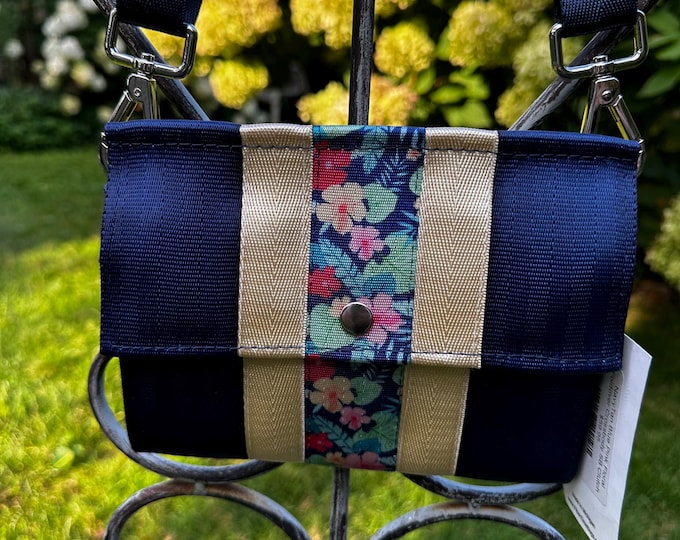 Navy Light Gold and Blue Floral Foldover Crossbody Seatbelt Clutch