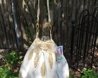 Gold Leaves On White Drawstring Bucket Bag