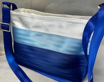 White, Powder Blue and Royal Blue Medium Baguette Seat Belt Bag!