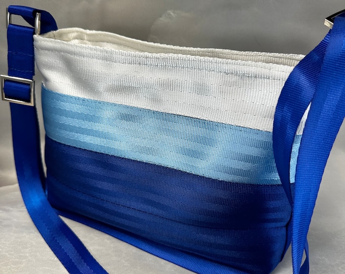 White, Powder Blue and Royal Blue Medium Baguette Seat Belt Bag!