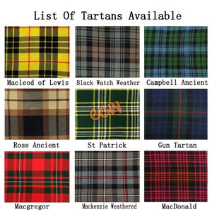 May include: A grid of nine tartan patterns with names below each. The tartans include Macleod of Lewis, Black Watch Weather, Campbell Ancient, Rose Ancient, St Patrick, Gun Tartan, Macgregor, Mackenzie Weathered, and MacDonald.