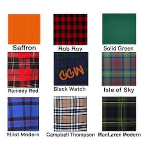May include: Nine fabric swatches showcasing various patterns and colors. The swatches include solid saffron and green, and plaid patterns such as Rob Roy, Ramsey Red, Black Watch, Isle of Sky, Elliot Modern, Campbell Thompson, and MacLaren Modern. Each swatch is labeled with its respective name.