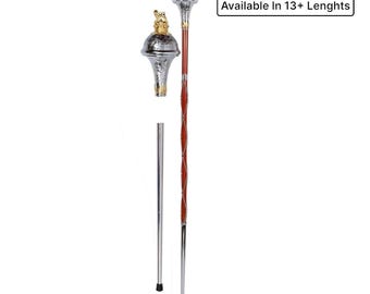 May include: A ceremonial mace with a silver-colored head and a red and silver shaft. The head is adorned with gold-colored accents. The text "Available In 13+ Lengths" is displayed in a white box.