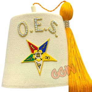 Order Of Eastern Star Half White Fez Hat Rhinestones Lettering OES Star Patch Fez Hat