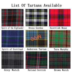 May include: A grid of nine tartan patterns with names, including "Spirit of the Highlander," "Dress Gordon," and "Scottish Rose." The tartans feature various colors like red, green, blue, and gray, with different stripe and check designs. The text "List Of Tartans Available" is at the top.