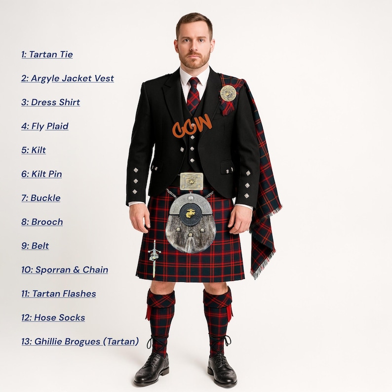 May include: A man in a traditional Scottish outfit. The ensemble includes a black jacket, vest, dress shirt, tartan tie, kilt, sporran, and hose socks. The kilt is red and black plaid. The outfit is completed with Ghillie Brogues.