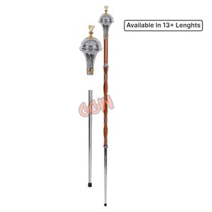 Golden Irish Harp Drum Major Mace - Embossed Head Mace or Stave - Natural Malacca Cane Shaft - 3 Parts Mace Available in 13+ Lengths