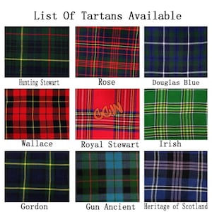 May include: A grid of nine tartan patterns, each with a unique color scheme and name. The top row features Hunting Stewart, Rose, and Douglas Blue. The middle row displays Wallace, Royal Stewart, and Irish. The bottom row shows Gordon, Gun Ancient, and Heritage of Scotland.
