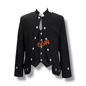 May include: A black jacket with silver diamond-shaped accents on the front, pockets, and sleeves. The jacket has a high collar and a vest-like design. The image shows a formal garment, likely for special occasions.