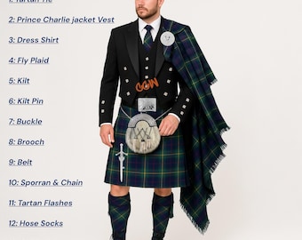 Herren Prinz Charlie Kilt Outfit Komplettes keltisches Kilt Set - Erhältlich in 50+ Tartans