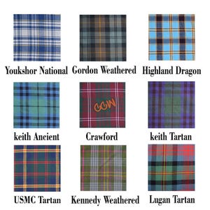 May include: Nine different tartan fabric swatches are displayed, each with a unique plaid pattern and color scheme. The swatches include names like "Youkshor National", "Gordon Weathered", and "Highland Dragon". The "Crawford" swatch has "CCW" in the center.