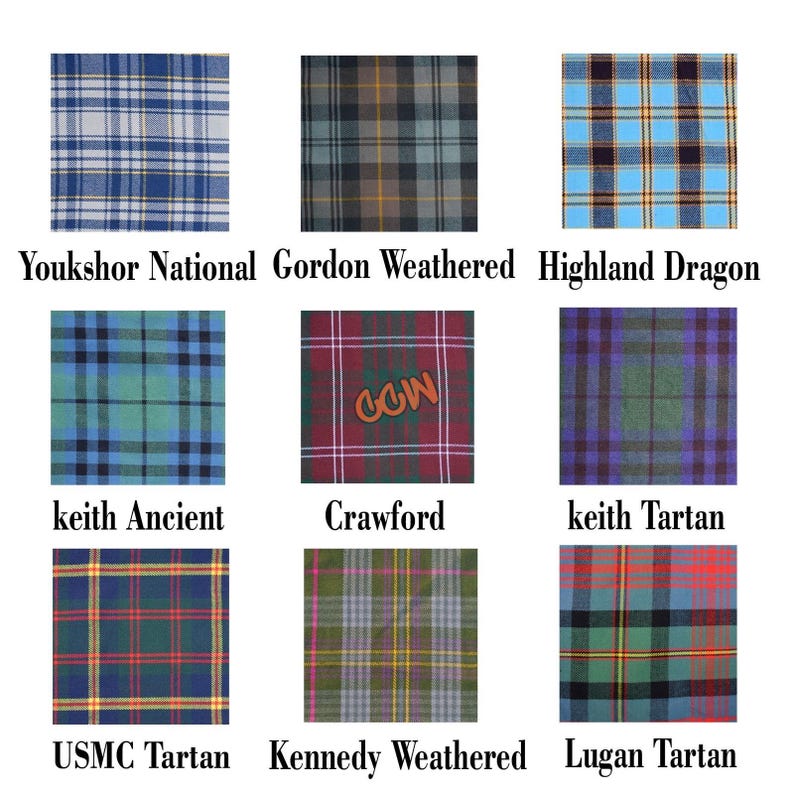 May include: Nine different tartan fabric swatches are displayed, each with a unique plaid pattern and color scheme. The swatches include names like "Youkshor National", "Gordon Weathered", and "Highland Dragon". The "Crawford" swatch has "CCW" in the center.