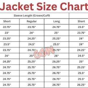 May include: A jacket size chart with measurements in inches for chest, waist, sleeve length, and jacket length. The chart includes sizes from 34" to 54" for chest measurements.