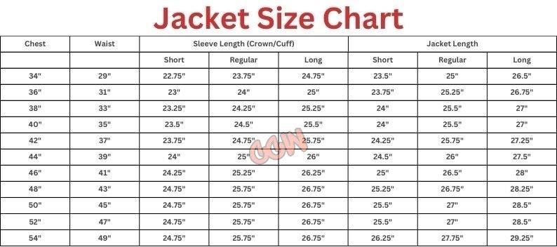 May include: A jacket size chart with measurements in inches for chest, waist, sleeve length, and jacket length. The chart includes sizes from 34" to 54" for chest measurements.