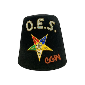 Masonic OES Fez Black Wool Star Fez Order Of Eastern Star Black Fez With OES Rhinestones Embroidered Custom Tassel Options