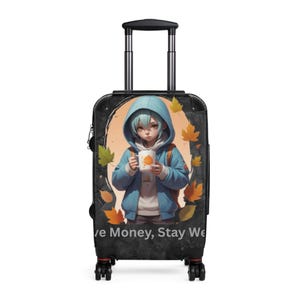 秋の雰囲気が漂うスタイリッシュなアニメスーツケース、旅行用荷物、パーソナライズされた機内持ち込み用バッグ、休暇の必需品、旅行者へのギフト、ユニークなデザイン