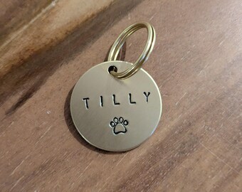 May include: A round, gold-colored pet tag with the name "TILLY" stamped in black capital letters. A paw print is below the name. The tag has a gold-colored ring for attachment.
