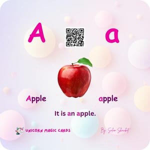 以下が含まれることがあります： 赤いリンゴと緑の葉、文字「A」、そして単語「Apple」が描かれた教育的な画像です。「It is an apple」というフレーズも含まれています。背景には白とピンクの球体があります。
