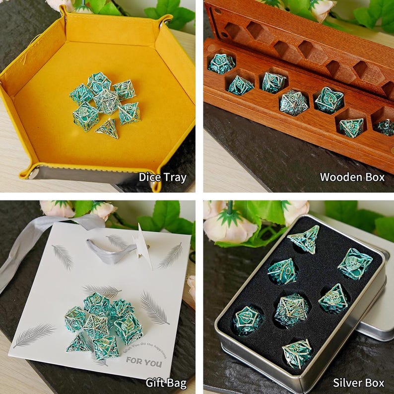 May include: A selection of teal and silver dice sets presented in a yellow dice tray, a wooden box, a gift bag, and a silver box. The gift bag has the text "FOR YOU". The dice are for tabletop games.