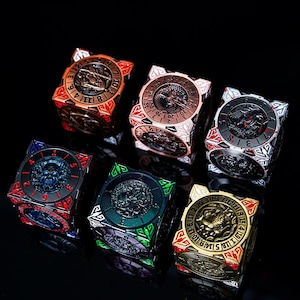 7-in-1 Spinning Metal Dice Set for DND – Engraved Brass RPG Dice with Monster Designs
