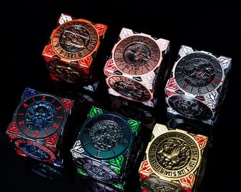 7-in-1 Spinning Metal Dice Set for DND – Engraved Brass RPG Dice with Monster Designs