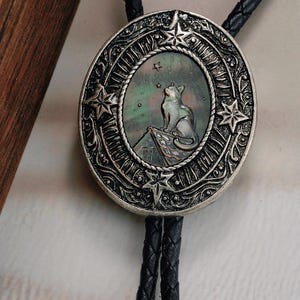 Celestial Black Cat Bolo Tie, Mother of Pearl Western Cowboy Necktie, Rooftop Cat Southwestern Jewelry