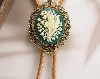 Lelietje-van-dalen camee messing stropdas: groene bloemen cowboy stropdas of broche, cowboystropdas