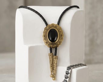 Modern Western Bolo Tie for Men, Black Onyx Concho Style, Engraved Brass Pendant