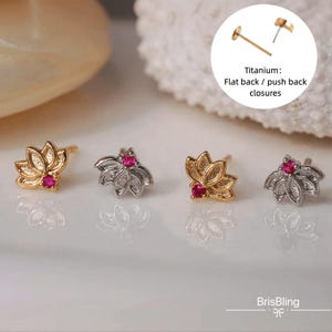 Small flower stud earrings, Birth flower earrings, Dainty garnet earrings, Flat back earrings, Helix piercing, Unique and Elegant Gift Idea