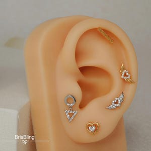 Puede incluir: Primer plano de la oreja de una persona con m&uacute;ltiples piercings. Los piercings presentan una barra dorada, un coraz&oacute;n dorado con alas, un coraz&oacute;n plateado con alas, un c&iacute;rculo plateado con un tri&aacute;ngulo colgante y un coraz&oacute;n dorado con un doble contorno.