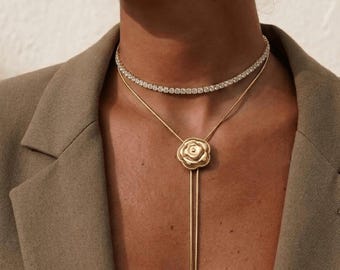 Camellia Brass Bolo Tie for Women, Vintage Gold Bolo Necklace, Western Y Necklace