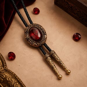 May include: A bolo tie featuring a central oval medallion with a deep red cabochon stone set in an antiqued gold-tone frame. The black braided leather cord is finished with two matching ornate gold-tone metal tips, accented by loose red gems.