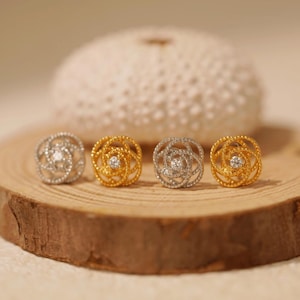 Rose Flower Stud Earrings Gold and Silver Filigree Cartilage or Earlobe Earrings Helix Earrings Dainty Floral Jewelry Gift for Her