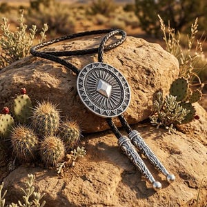 May include: A silver bolo tie with a geometric design, featuring a central diamond shape and intricate circular patterns. The tie has a black braided leather cord and decorative silver tips. The image is set outdoors with cacti and desert landscape.